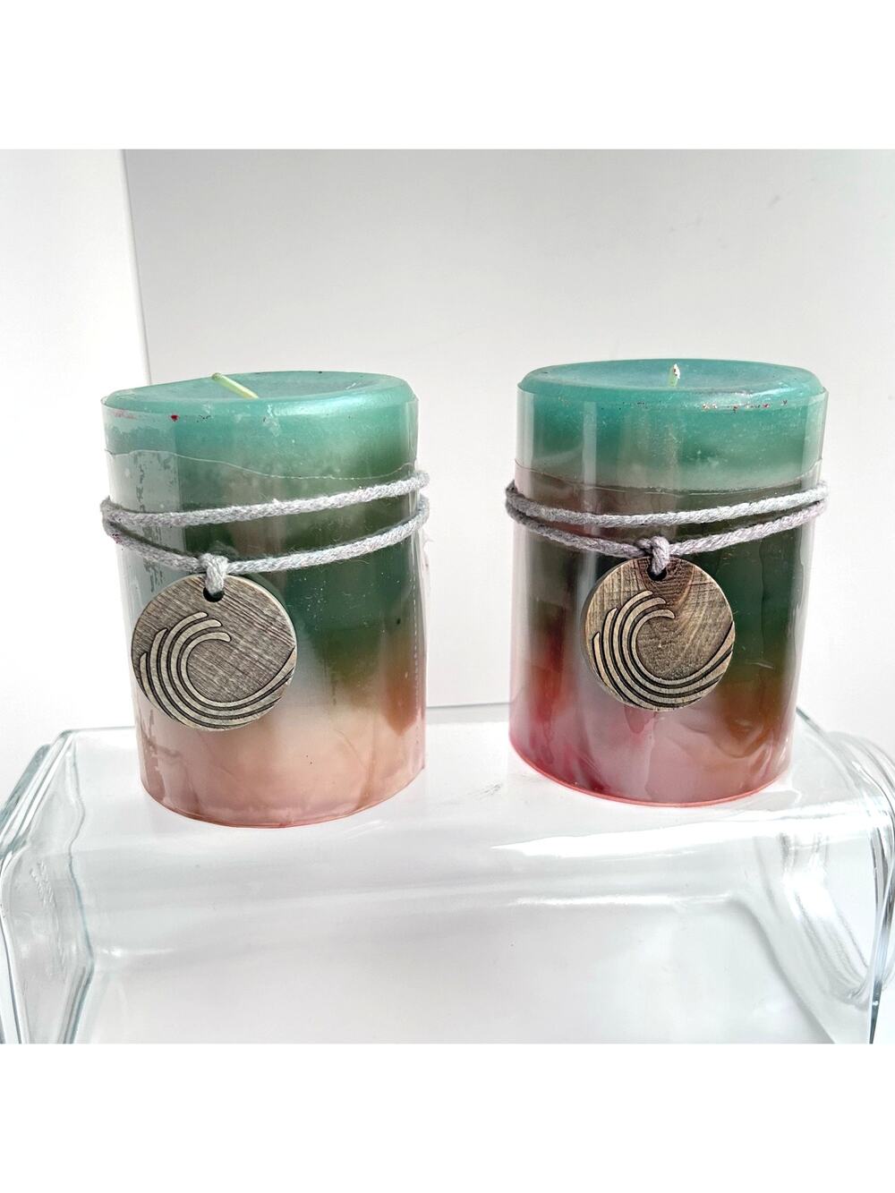 Pier 1 Sea Air Pillar Candles 4x3 Ombre Pair w Wave Charm Discontinued